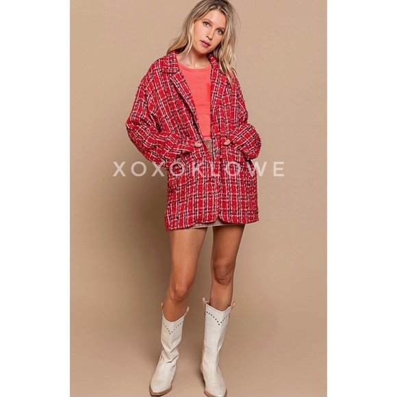 POL Red Tweed Blazer Plaid Print Relaxed Fit - Picture 6 of 16